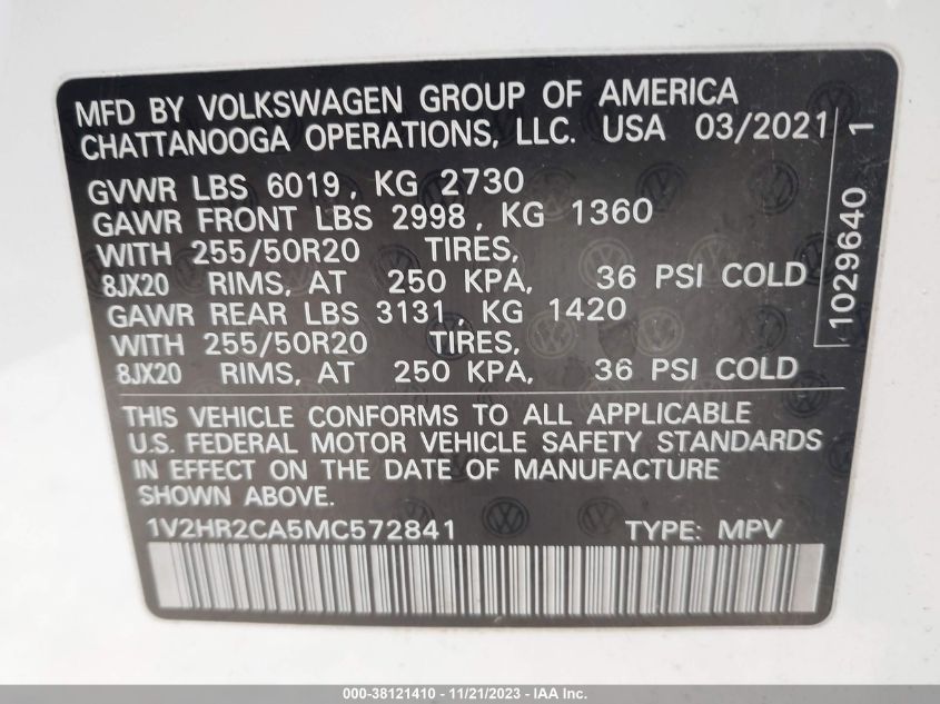 2021 VOLKSWAGEN ATLAS 3.6L V6 SE W/TECHNOLOGY - 1V2HR2CA5MC572841