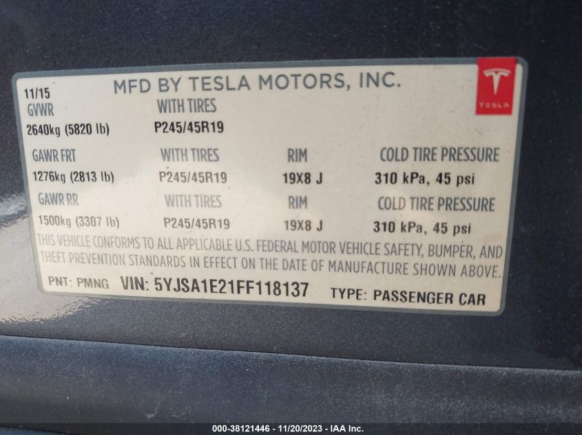 2015 TESLA MODEL S 70D/85D/P85D - 5YJSA1E21FF118137