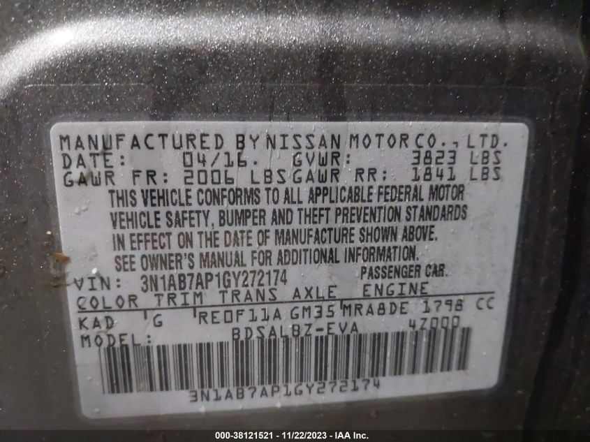 2016 NISSAN SENTRA S - 3N1AB7AP1GY272174