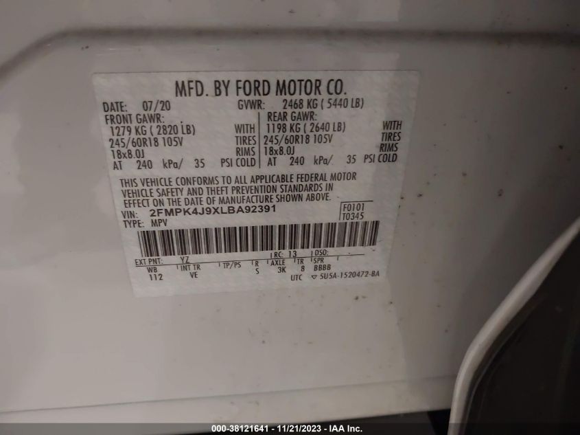 2FMPK4J9XLBA92391 2020 FORD EDGE, photo no. 9