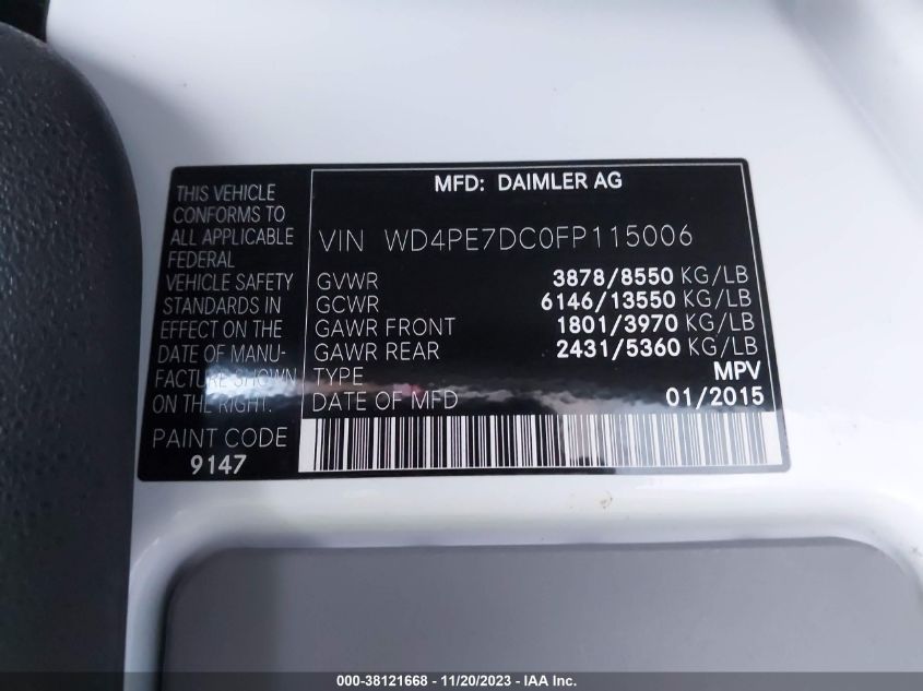2015 MERCEDES-BENZ SPRINTER 2500 NORMAL ROOF - WD4PE7DC0FP115006