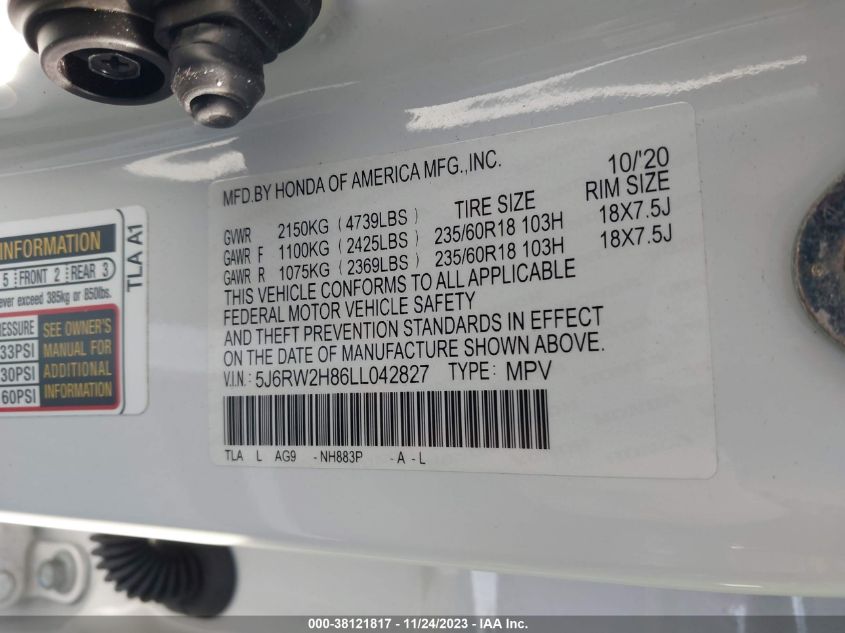 VIN 5J6RW2H86LL042827 2020 HONDA CR-V AWD EX-L