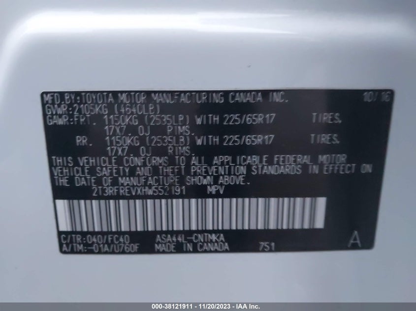 VIN 2T3RFREVXHW552191 2017 TOYOTA RAV4 XLE