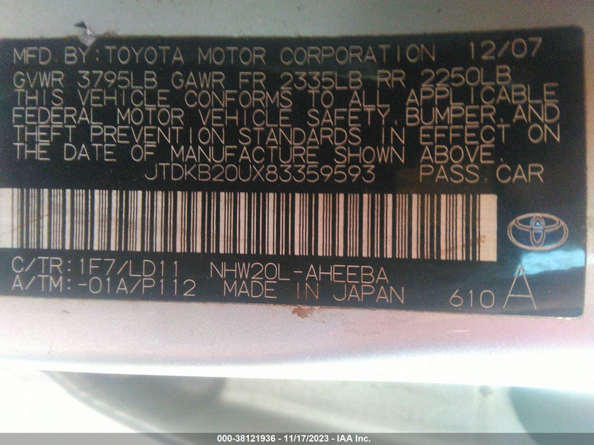 2008 TOYOTA PRIUS VIN: JTDKB20UX83359593