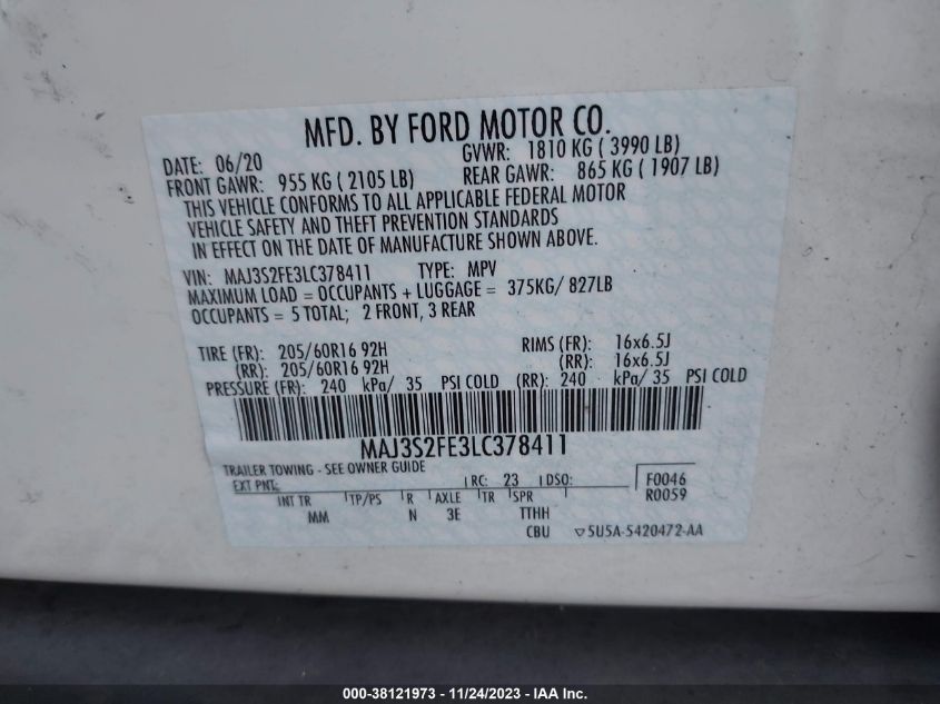 VIN MAJ3S2FE3LC378411 2020 FORD ECOSPORT S