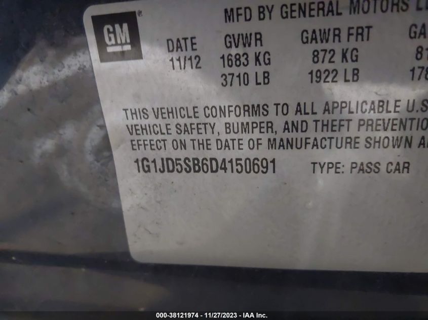 2013 CHEVROLET SONIC LT MANUAL - 1G1JD5SB6D4150691