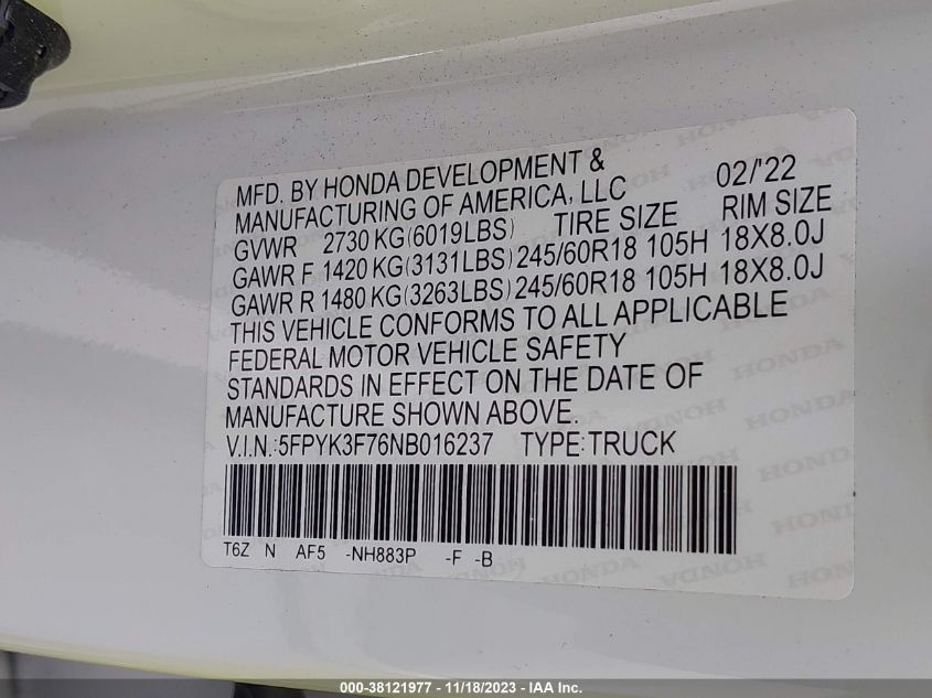 2022 HONDA RIDGELINE RTL-E - 5FPYK3F76NB016237