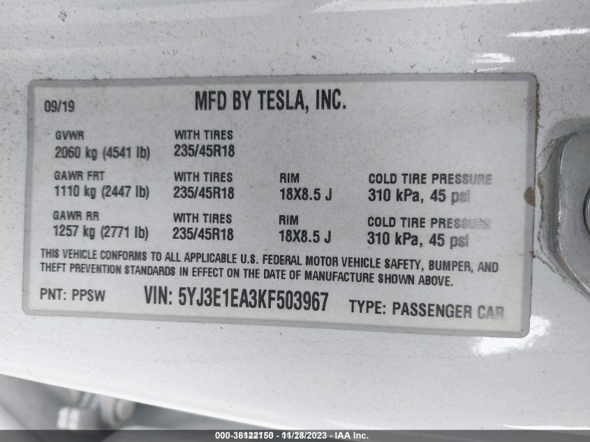 2019 TESLA MODEL 3 RANGE - 5YJ3E1EA3KF503967