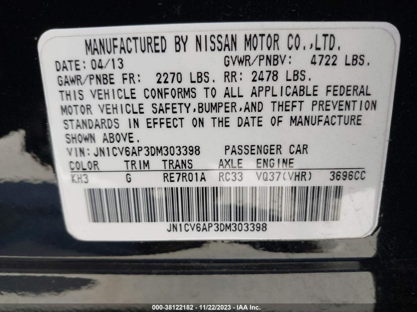 2013 INFINITI G37 JOURNEY JN1CV6AP3DM303398