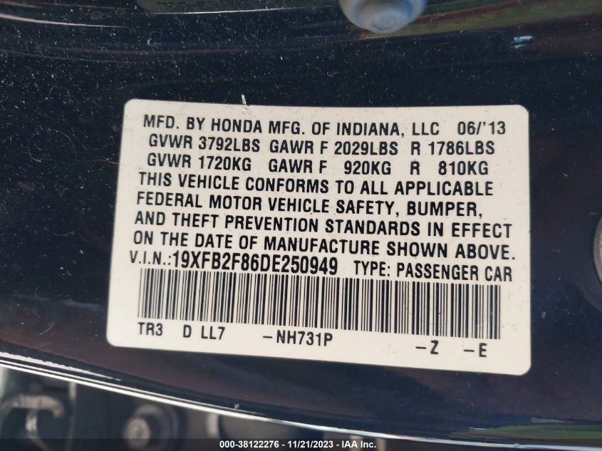 2013 HONDA CIVIC SDN EX 19XFB2F86DE250949