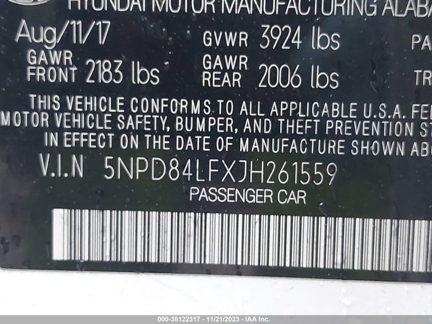 VIN 5NPD84LFXJH261559 2018 HYUNDAI ELANTRA SEL