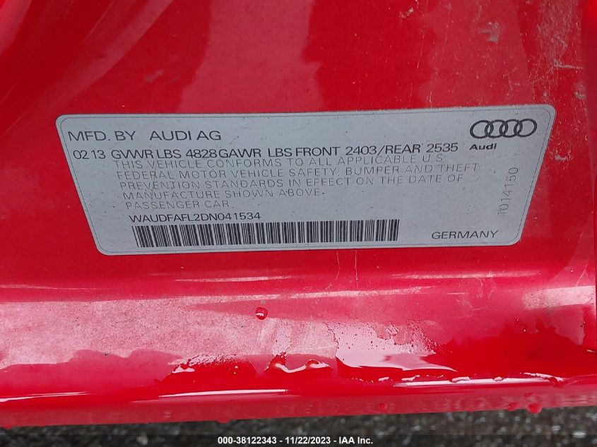 2013 AUDI A4 2.0T PREMIUM - WAUDFAFL2DN041534