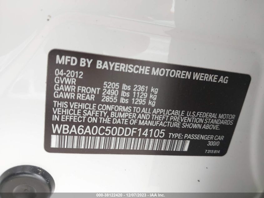 2013 BMW 6 SERIES 640I WBA6A0C50DDF14105