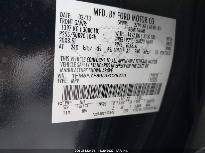 2013 FORD EXPLORER LIMITED - 1FM5K7F89DGC25273