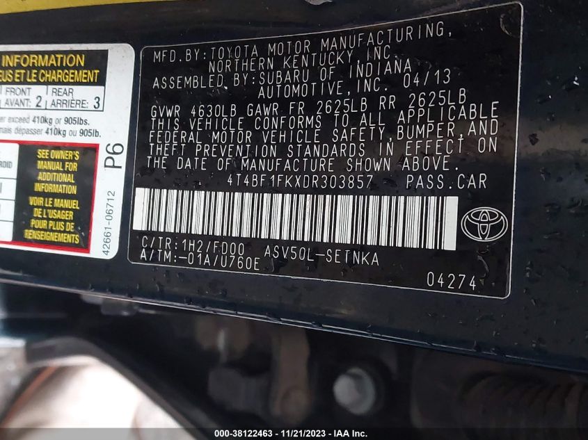2013 TOYOTA CAMRY LE - 4T4BF1FKXDR303857
