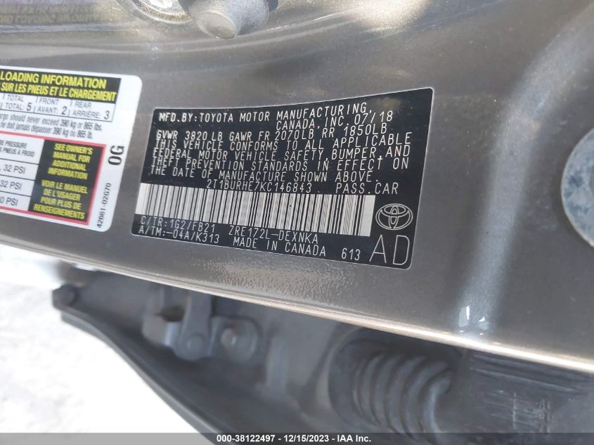 2019 TOYOTA COROLLA LE - 2T1BURHE7KC146843