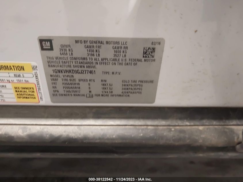 2016 CHEVROLET TRAVERSE LT - 1GNKVHKD9GJ277461