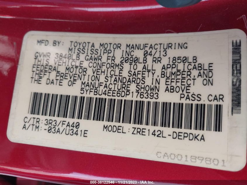 2013 TOYOTA COROLLA L - 5YFBU4EE6DP176393