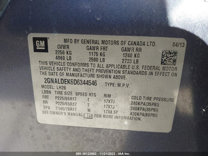 2013 CHEVROLET EQUINOX 1LT - 2GNALDEK6D6344546
