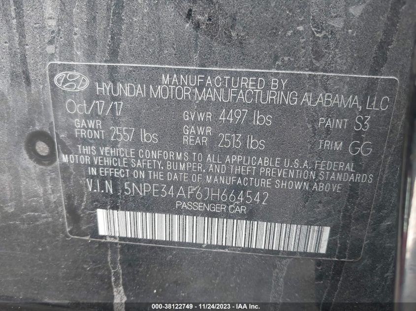 2018 HYUNDAI SONATA SEL - 5NPE34AF6JH664542