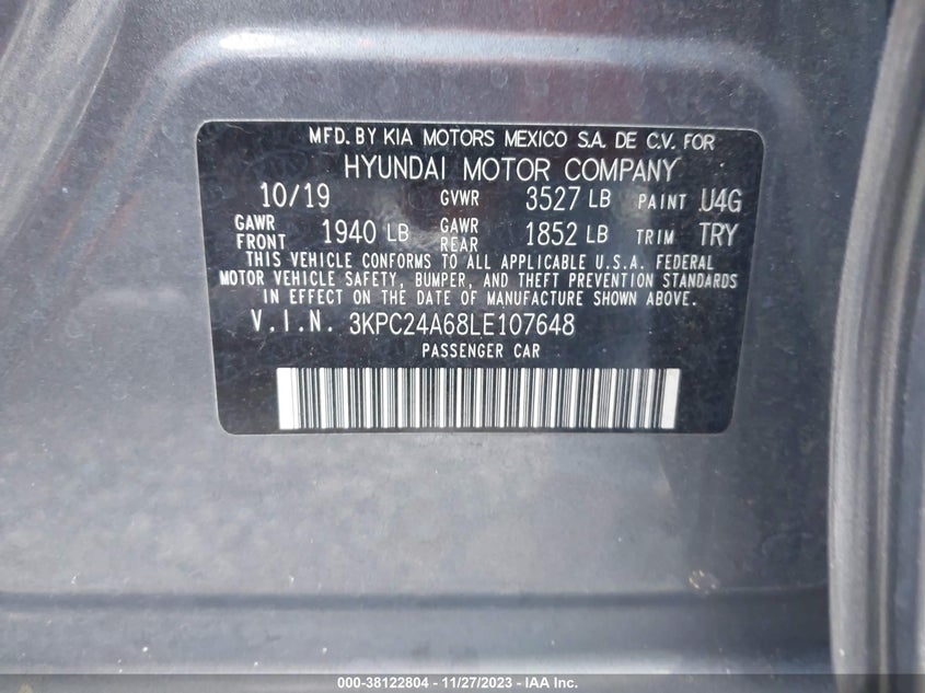 VIN 3KPC24A68LE107648 2020 HYUNDAI ACCENT SE/SEL