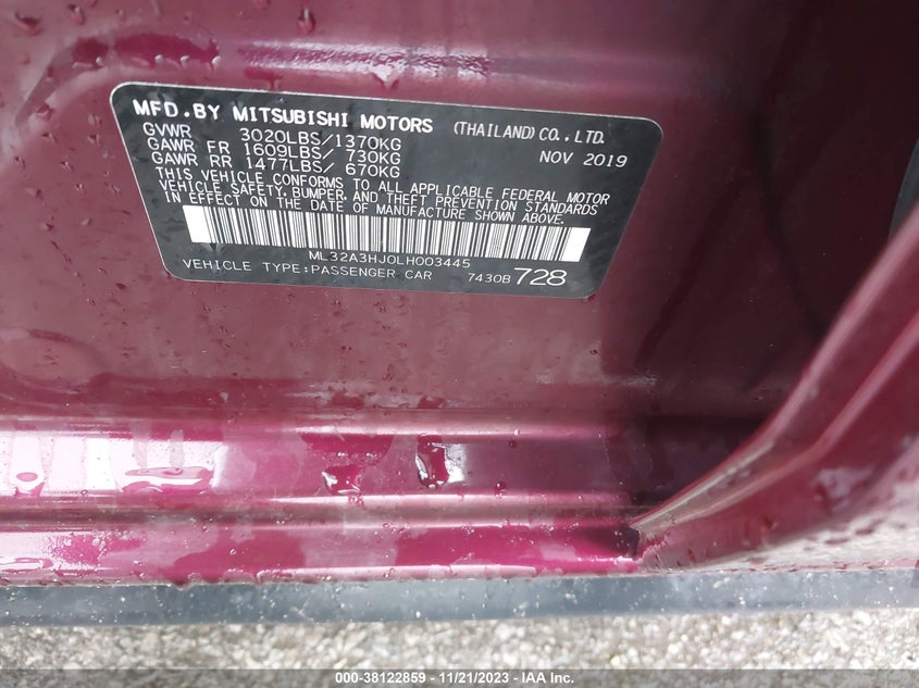 VIN ML32A3HJ0LH003445 2020 MITSUBISHI MIRAGE SE