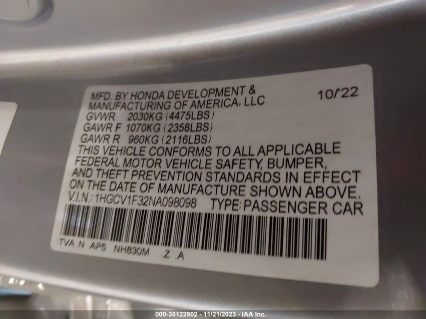 2022 HONDA ACCORD SPORT - 1HGCV1F32NA098098