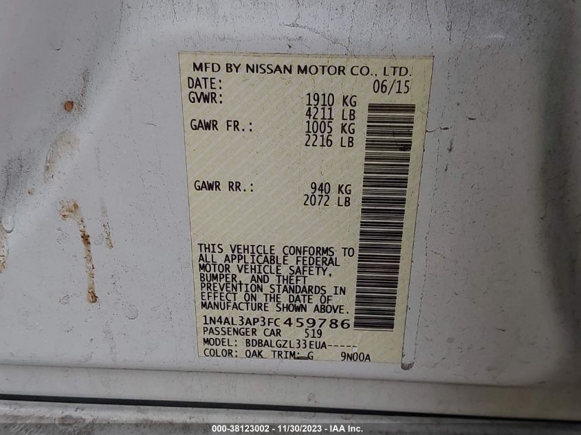 2015 NISSAN ALTIMA 2.5/S/SV/SL - 1N4AL3AP3FC459786