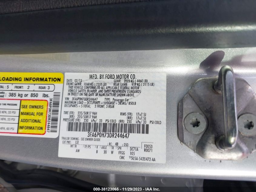 2013 FORD FUSION SE - 3FA6P0H73DR244647