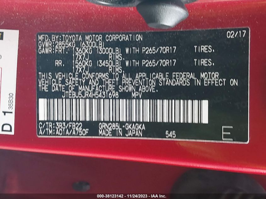2017 TOYOTA 4RUNNER SR5 - JTEBU5JR4H5431698
