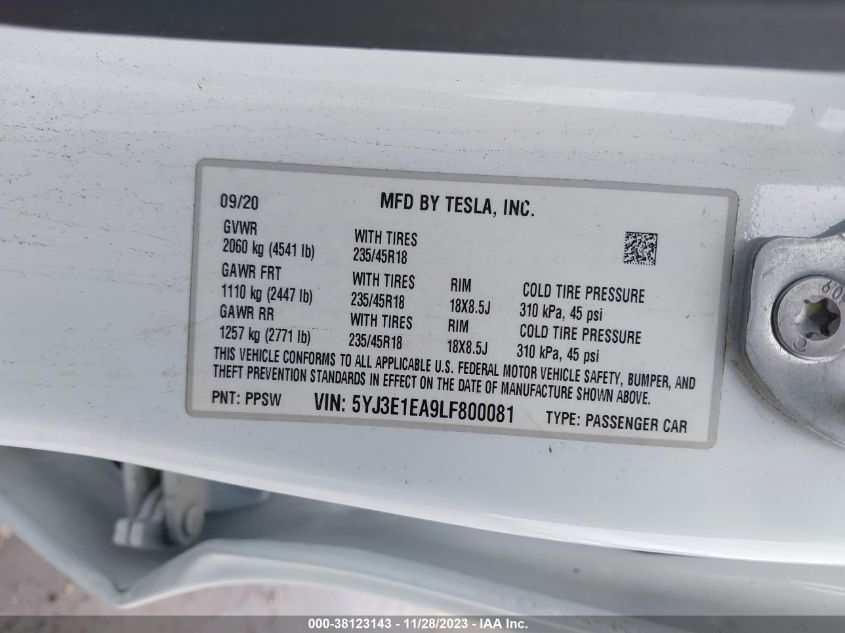 2020 TESLA MODEL 3 - 5YJ3E1EA9LF800001