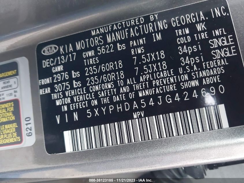 2018 KIA SORENTO 3.3L EX - 5XYPHDA54JG424690