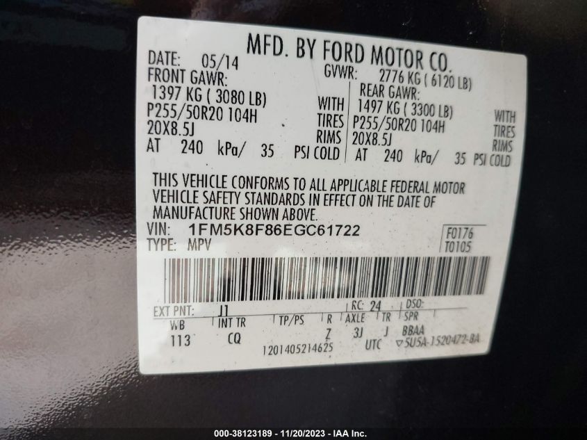 2014 FORD EXPLORER LIMITED - 1FM5K8F86EGC61722