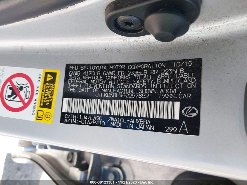2016 LEXUS CT 200H HYBRID - JTHKD5BH4G2257852