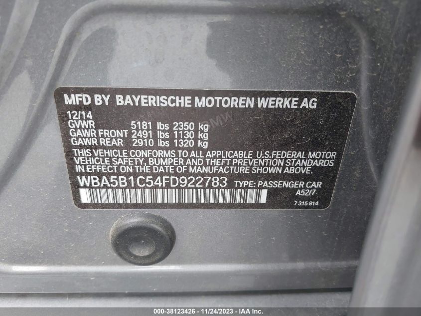 2015 BMW 5 SERIES 535I - WBA5B1C54FD922783