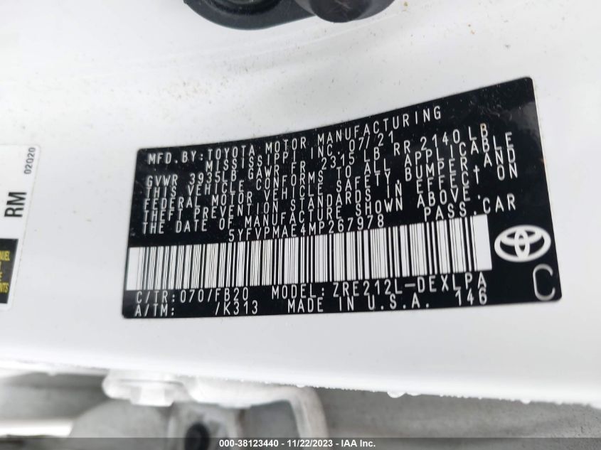 2021 TOYOTA COROLLA LE - 5YFVPMAE4MP267978