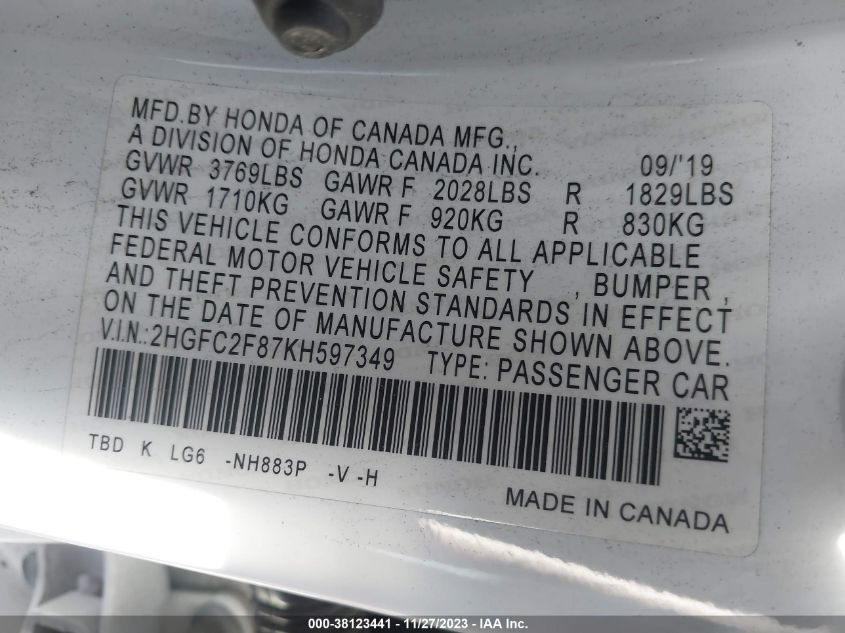 2019 HONDA CIVIC SPORT - 2HGFC2F87KH597349