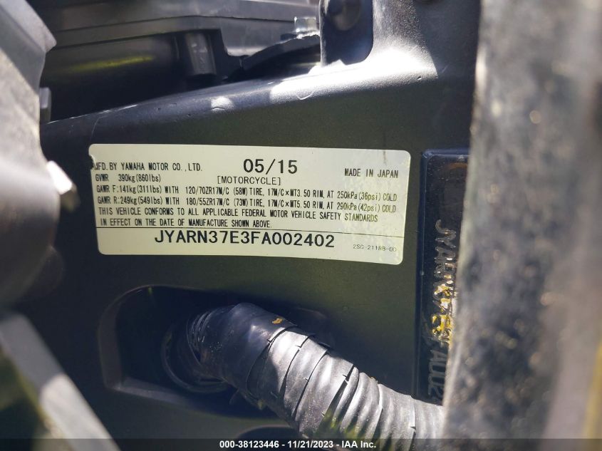 2015 YAMAHA FJ09 JYARN37E3FA002402