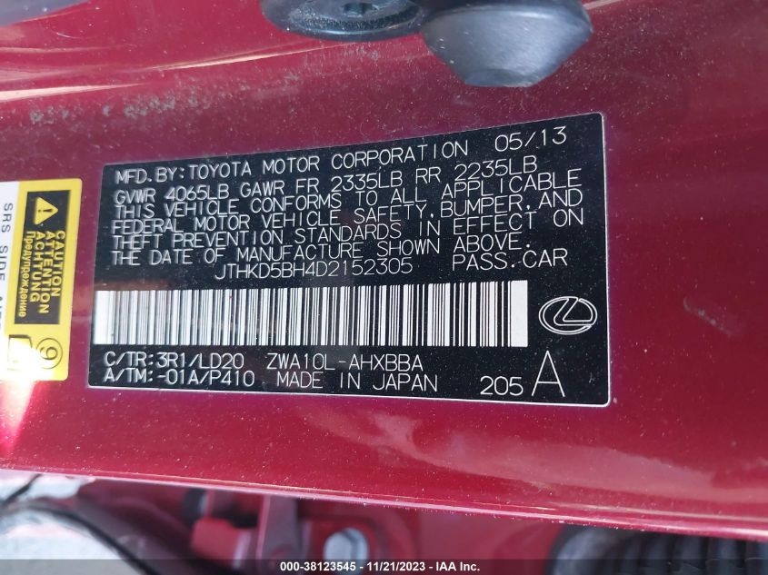 2013 LEXUS CT 200H HYBRID - JTHKD5BH4D2152305