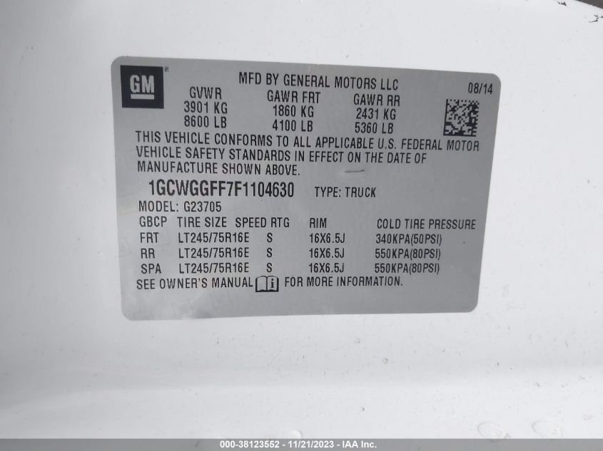2015 CHEVROLET EXPRESS 2500 WORK VAN 1GCWGGFF7F1104630