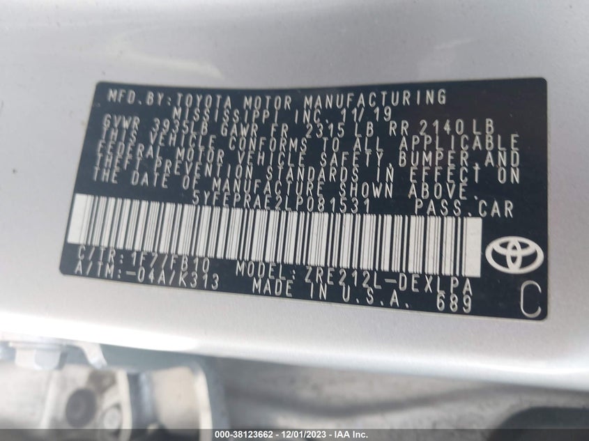 VIN 5YFEPRAE2LP081531 2020 TOYOTA COROLLA LE