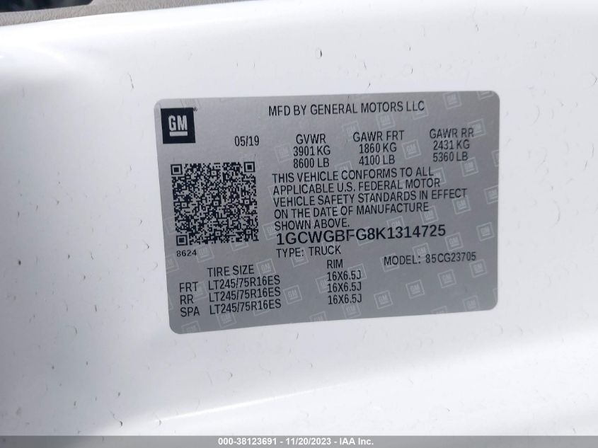2019 CHEVROLET EXPRESS 2500 WORK VAN 1GCWGBFG8K1314725