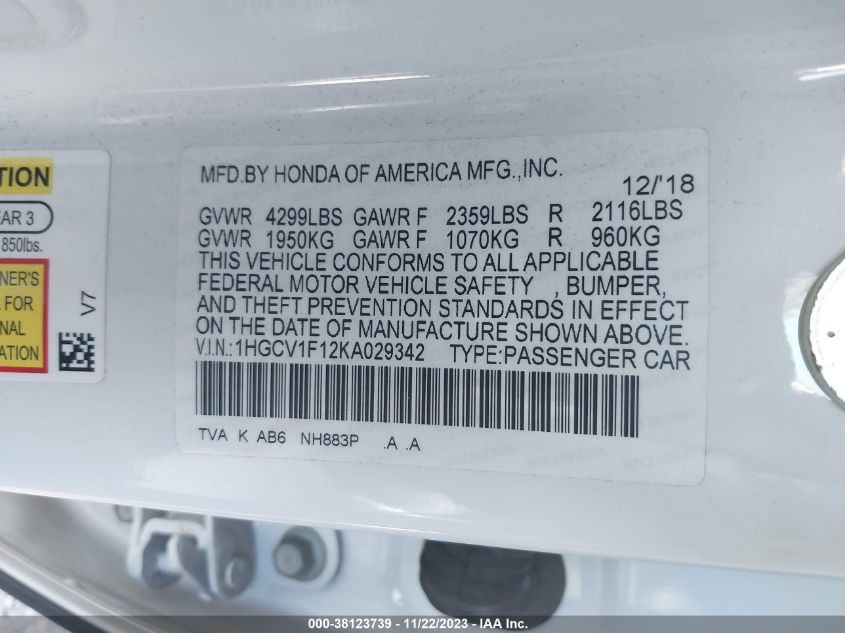2019 HONDA ACCORD LX - 1HGCV1F12KA029342