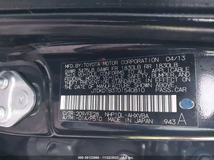 2013 TOYOTA PRIUS C ONE - JTDKDTB37D1540810