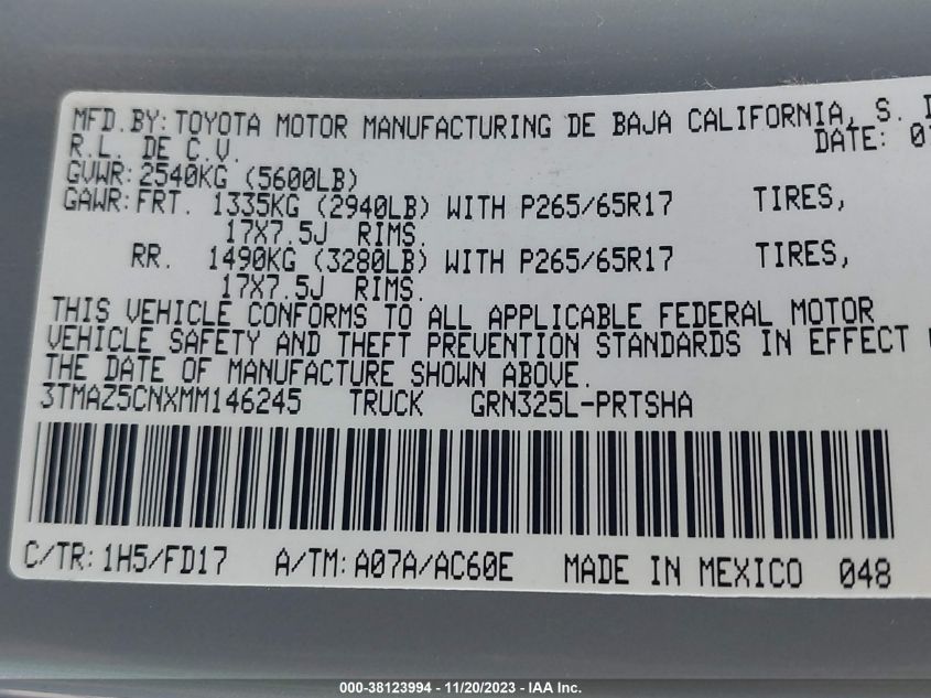 2021 TOYOTA TACOMA 2WD SR5/TRD SPORT 3TMAZ5CNXMM146245