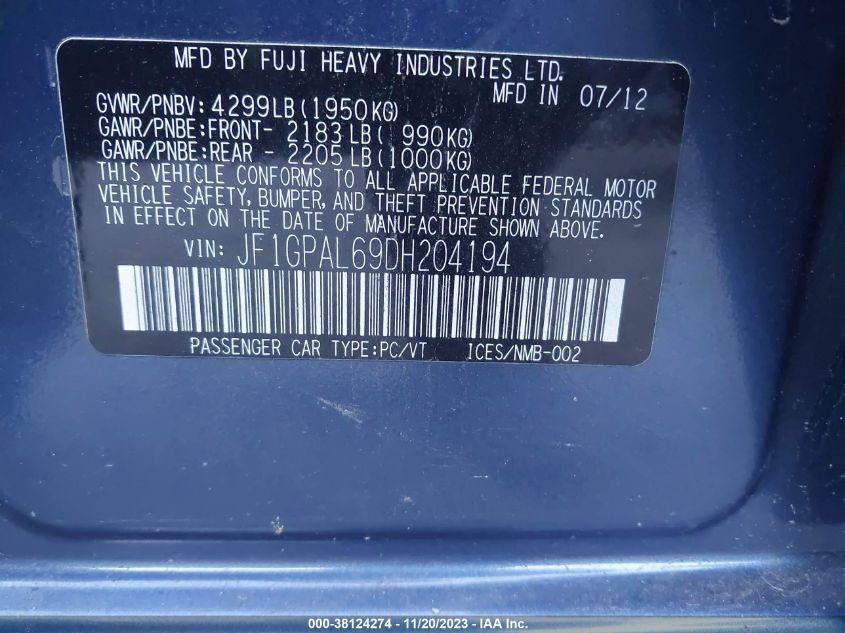 2013 SUBARU IMPREZA 2.0I SPORT PREMIUM - JF1GPAL69DH204194
