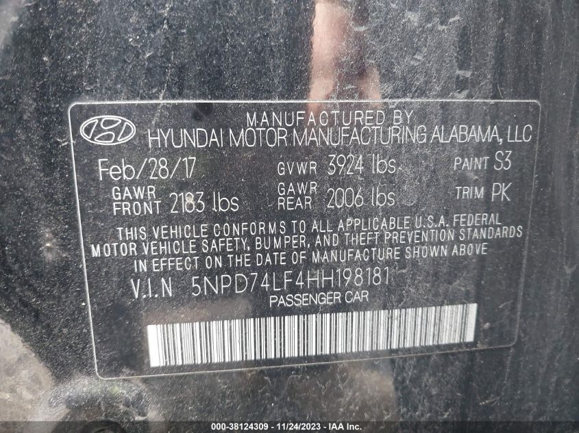 2017 HYUNDAI ELANTRA SE - 5NPD74LF4HH198181