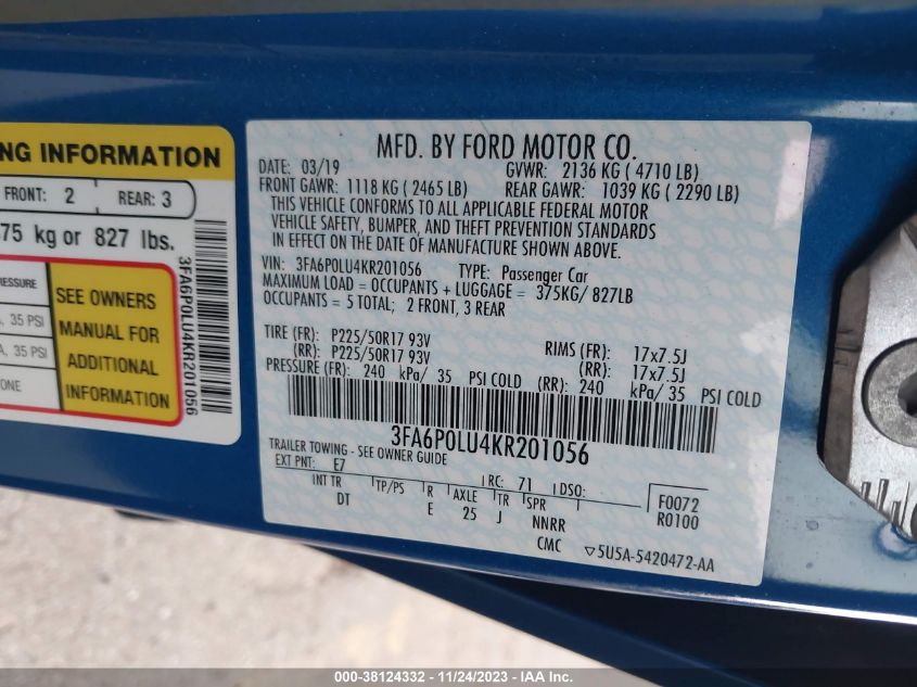 2019 FORD FUSION HYBRID SE - 3FA6P0LU4KR201056