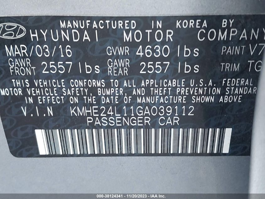 2016 HYUNDAI SONATA HYBRID SE - KMHE24L11GA039112