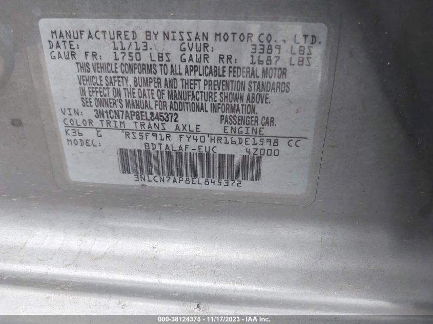 2014 NISSAN VERSA 1.6 S - 3N1CN7AP8EL845372